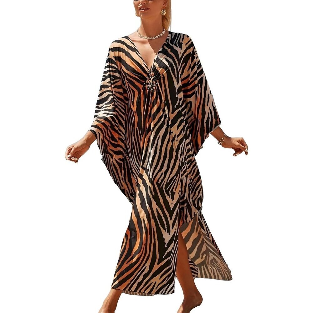 Women's  8772-picture6 Animal Print V-Neck Batwing Kaftan Beach Cover-Up